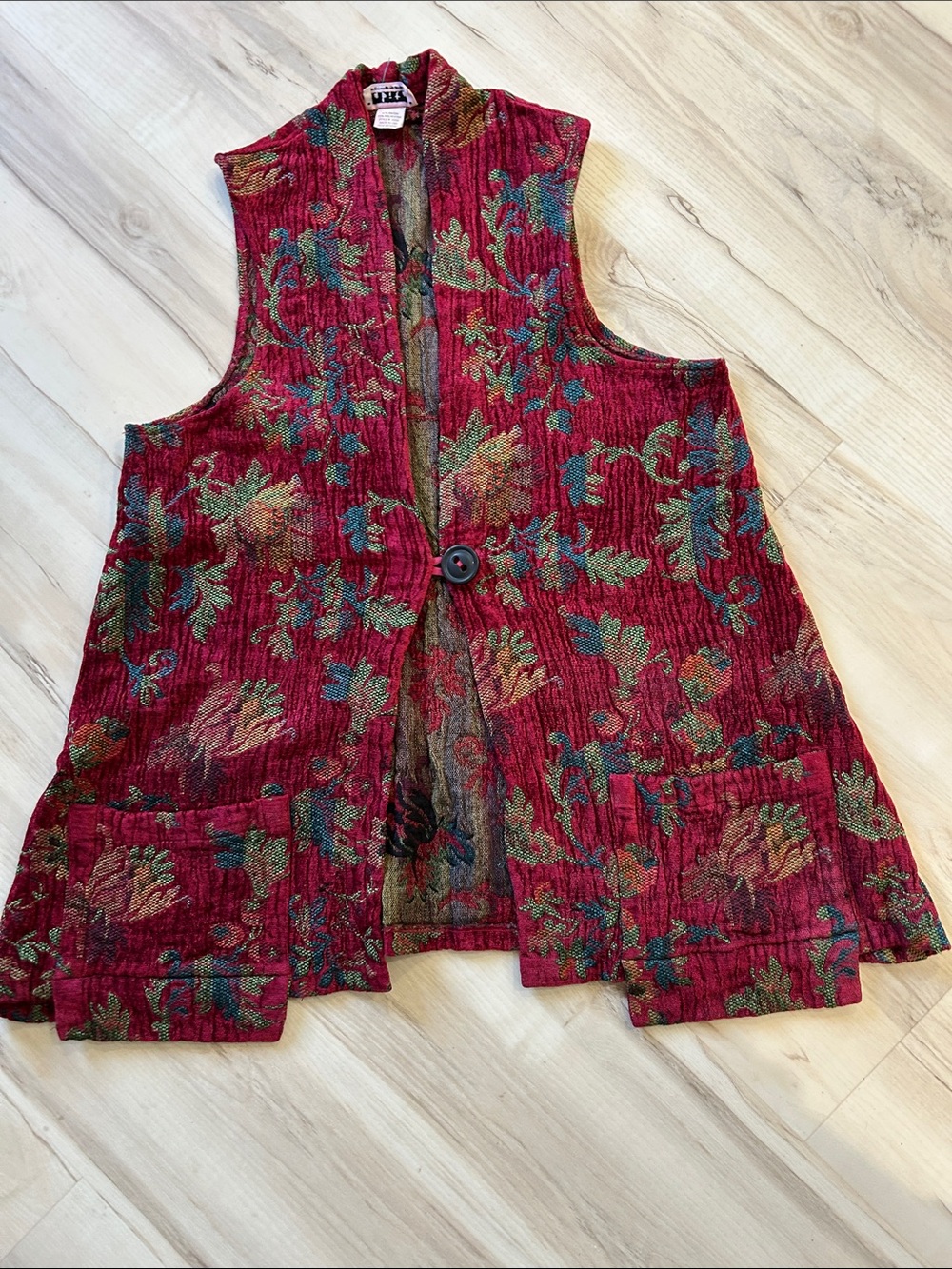Habitat Red Floral Corduroy Long Vest with Green and Gold Accents